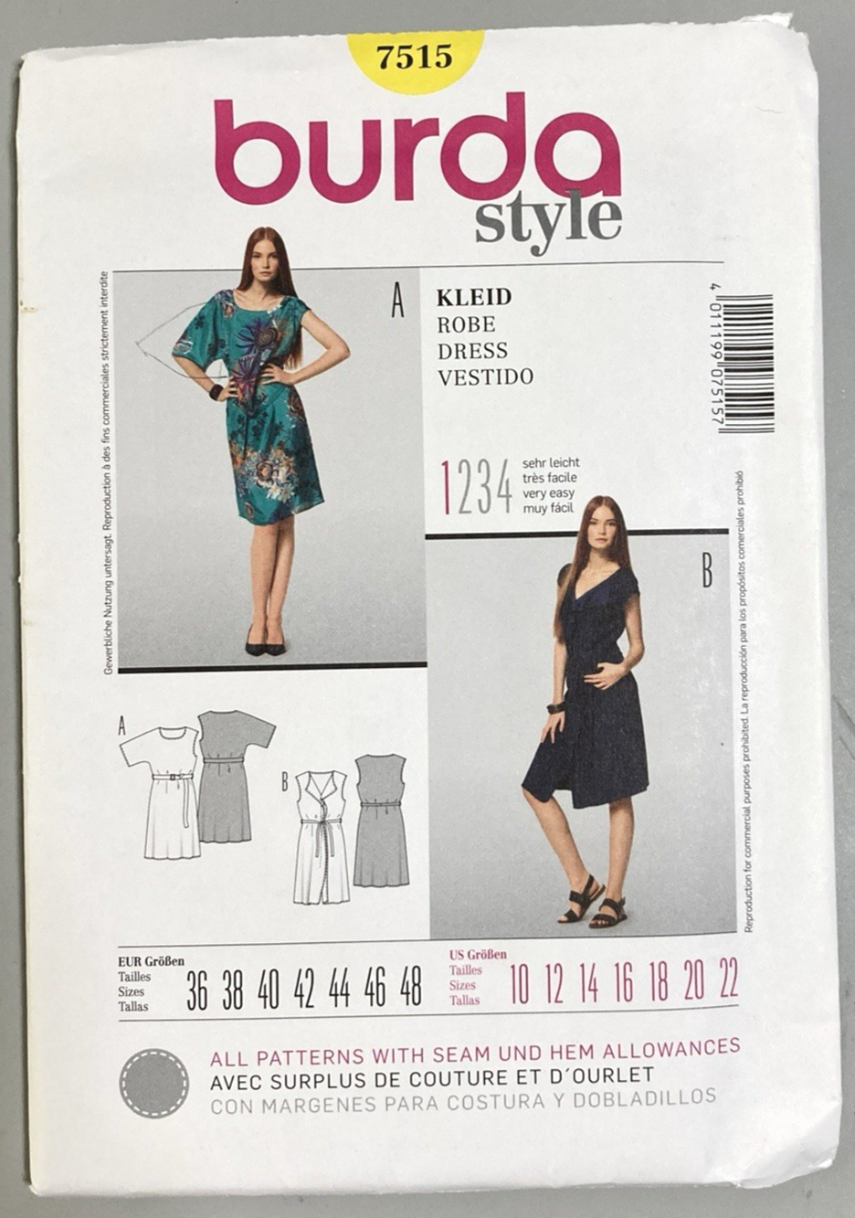 Burda 7515 Misses Summer Show-off Dress Asym or Sleeveless Wrap Sz 10-22 UNCUT